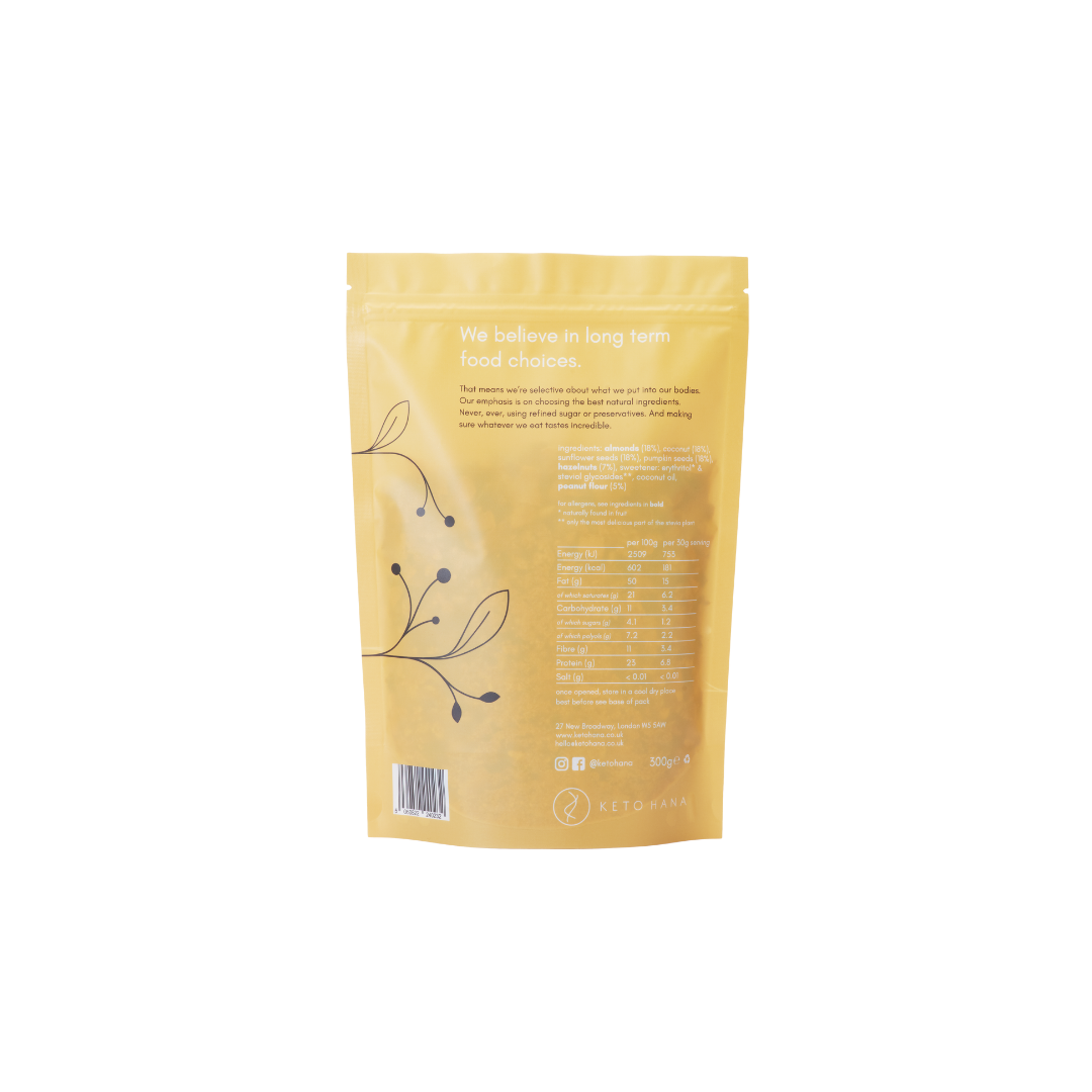 Back of keto hana peanut butter granola bag
