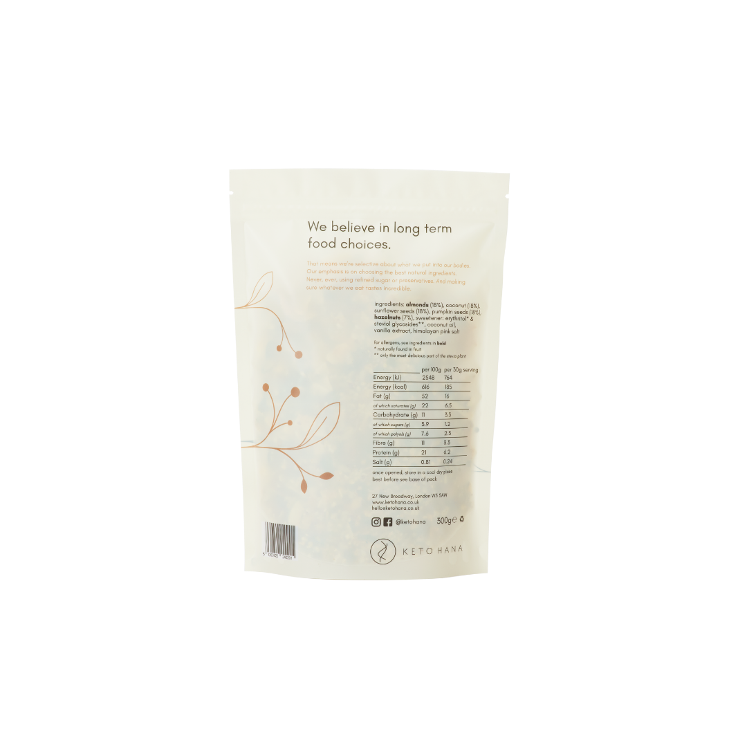 Back of keto hana vanilla and pink himalayan salt granola bag