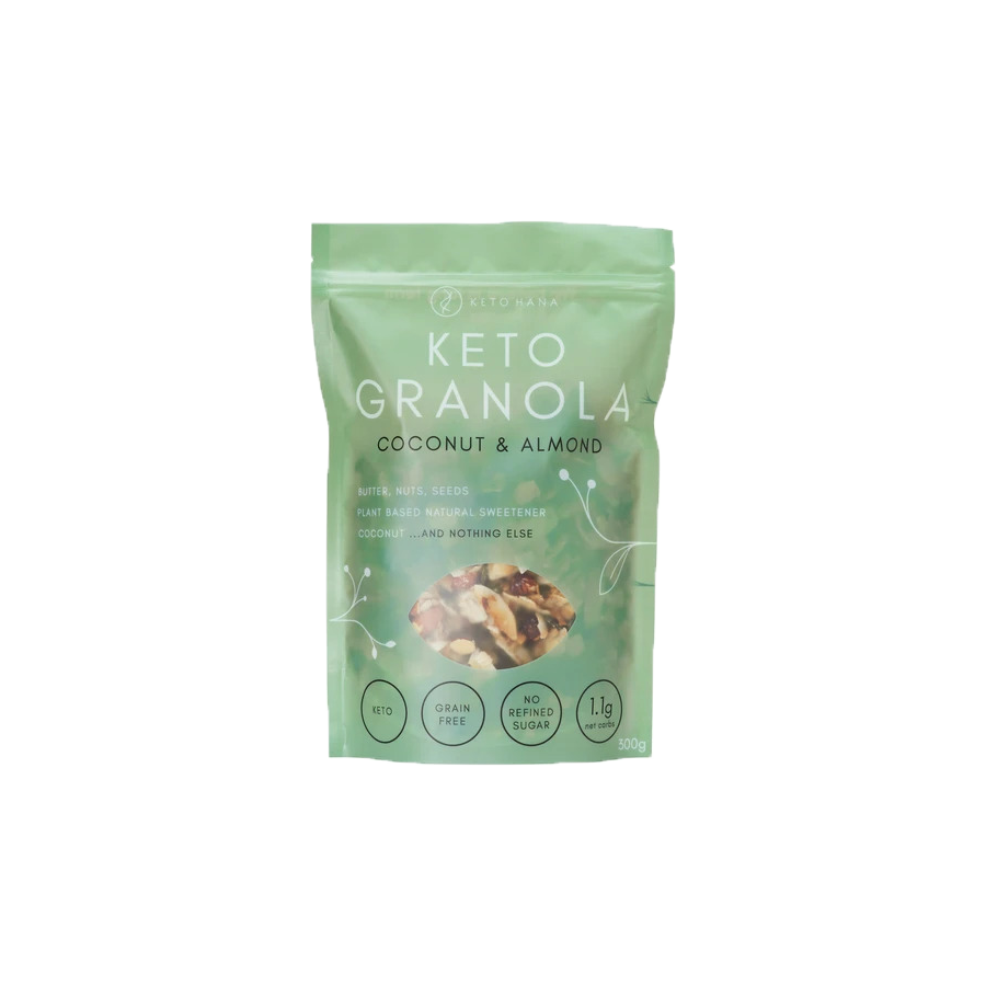 The front of a keto hana coconut and almond keto granola bag