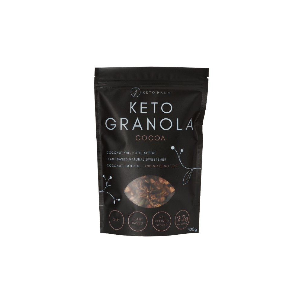 The front of a keto hana coconut and nut keto granola bag