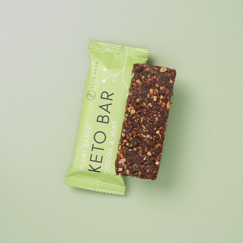 The open wrapper of a keto hana cocoa and mint plant based keto bar and you can see the bar itself