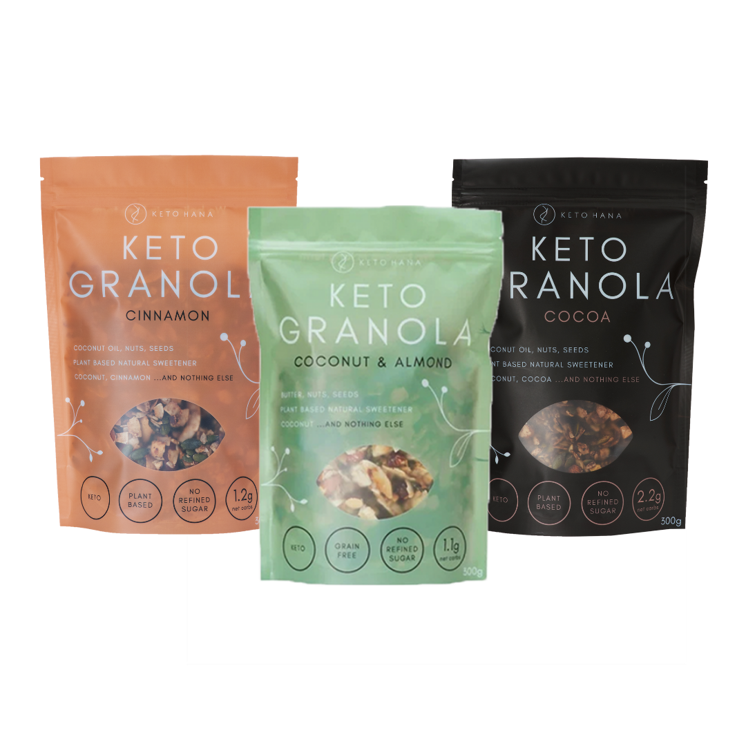 3 bags of keto hana keto granola: cinnamon, coconut and almond (original butter), and cocoa