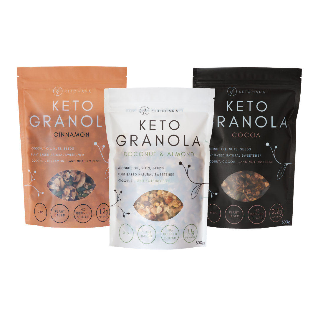 3 bags of keto hana keto granola: cinnamon, coconut and almond (plant based), and cocoa